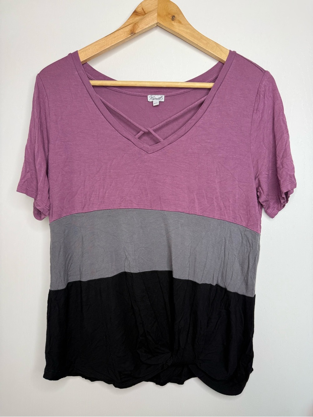 Kismet Colorblock V-Neck Short Sleeve Top - Purple, Gray & Black Medium
